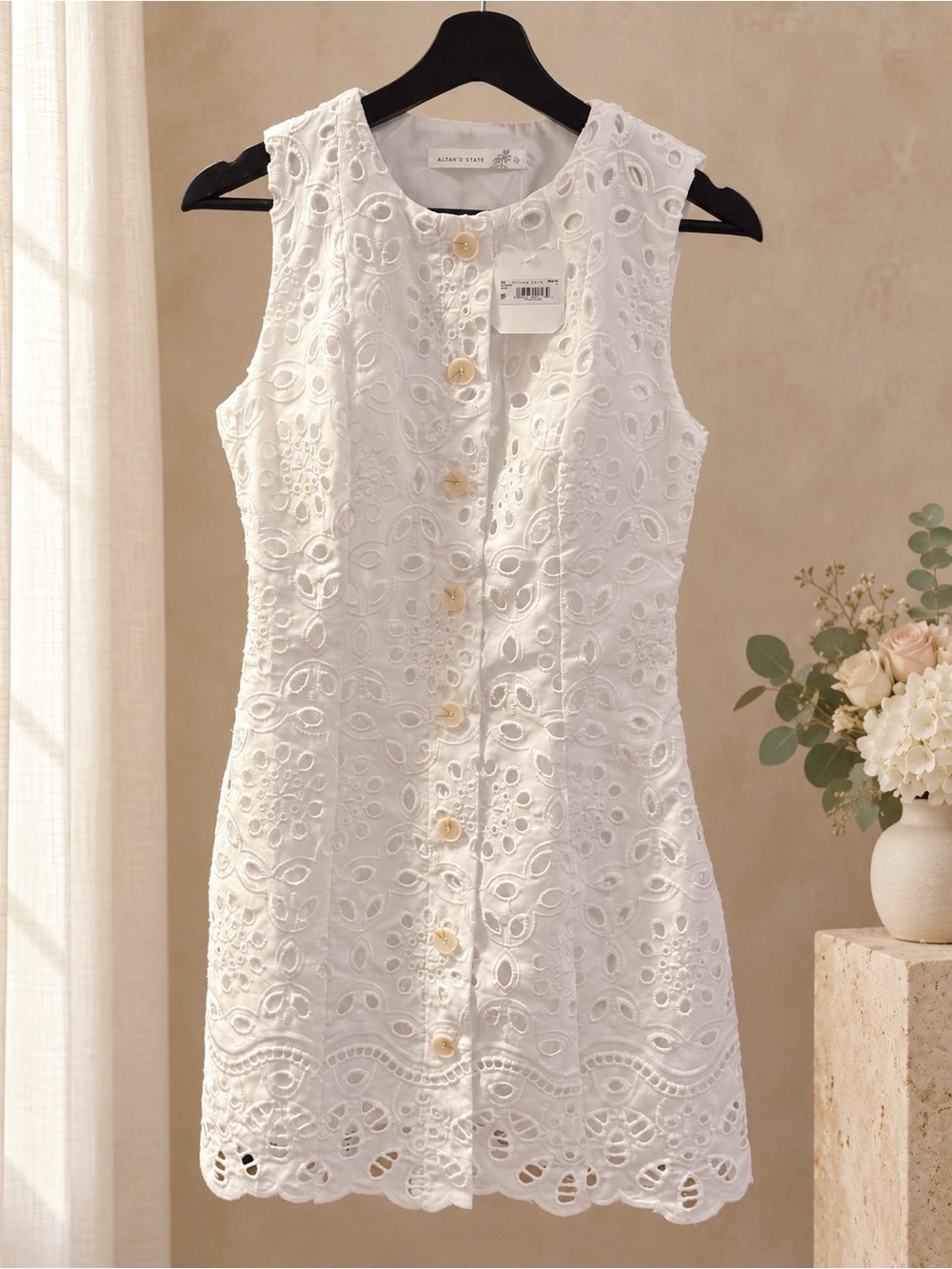 Altar’d State White Eyelet Button Detail Mini Dress – Small – NWT
